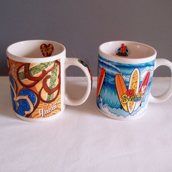 Hawaii Slippers Flop Flops Surf’s Up Surfboard Coffee Mug Set Beach Tea Souvenir - Picture 1 of 14